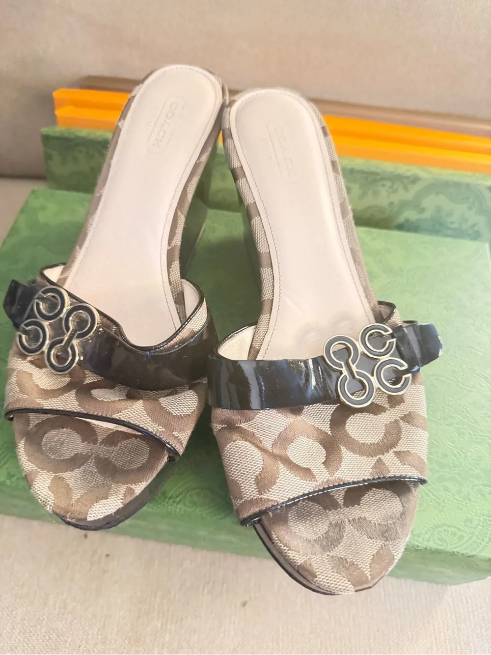 Coach Tan Signature Canvas Slide Mules with Black Patent Strap